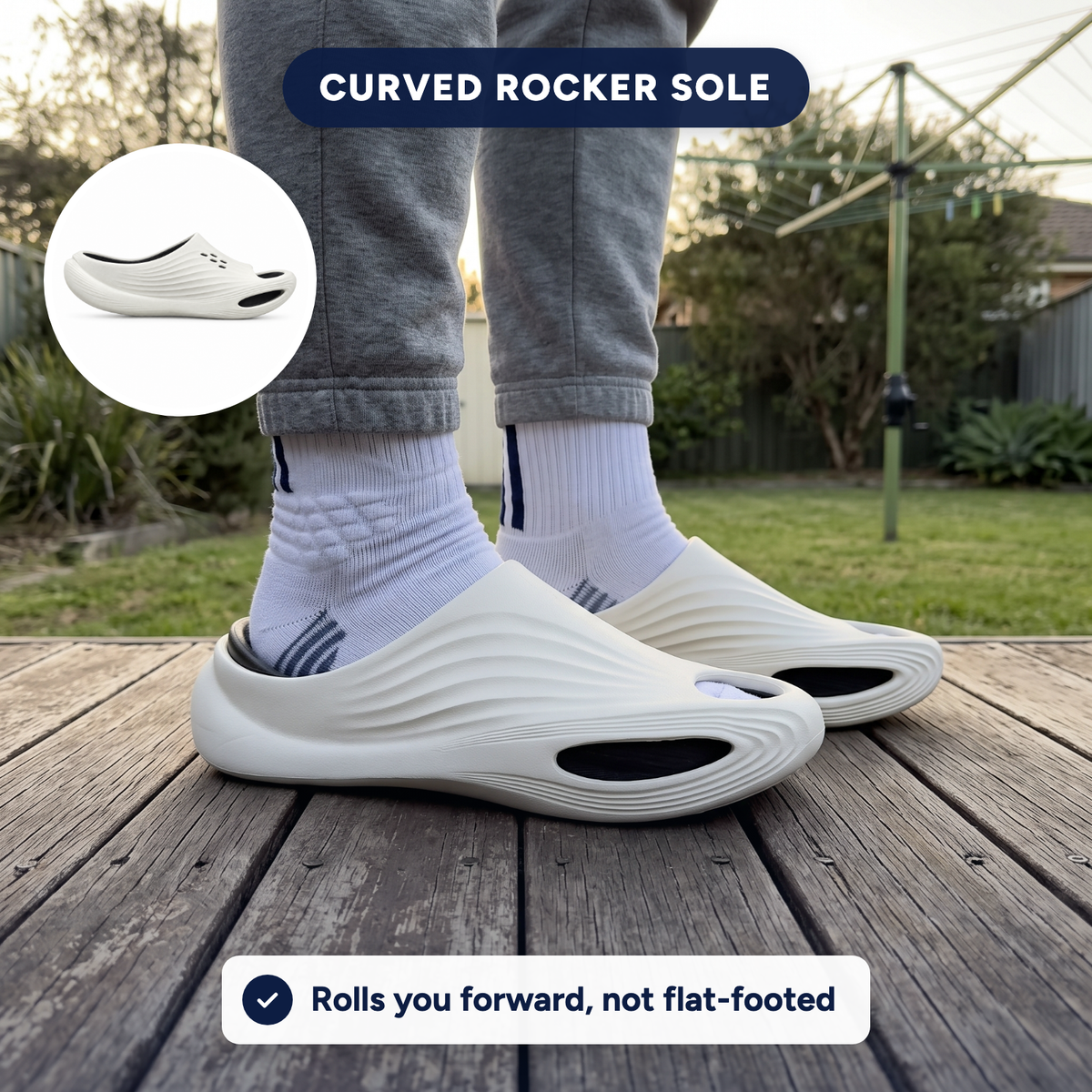 Side view of the curved rocker sole of Solvrly Rise slides