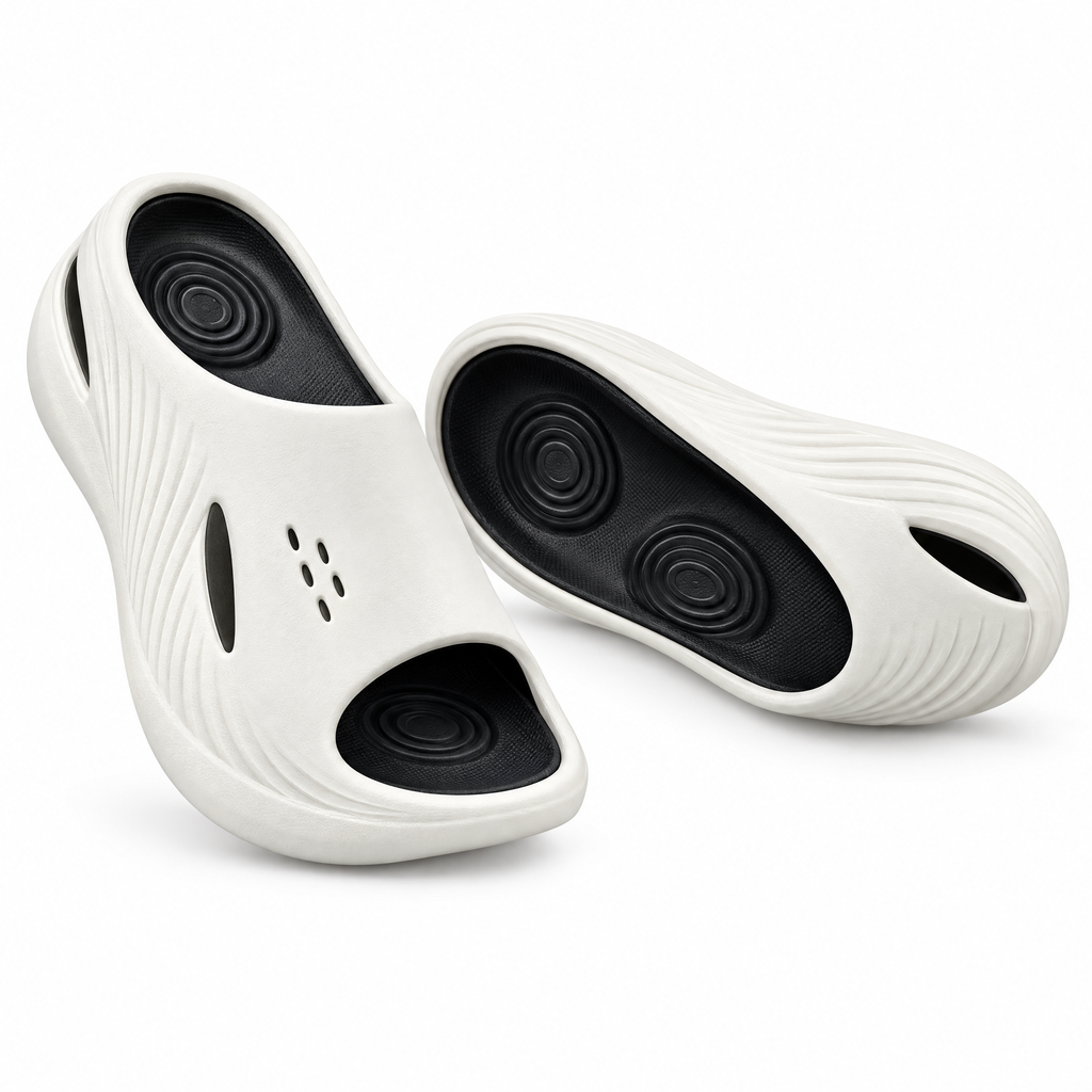 Solvrly Rise arch-support recovery slides, bone white with black contoured footbed