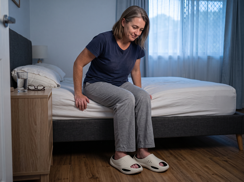 Woman sitting on the edge of her bed wearing Solvrly Rise slides